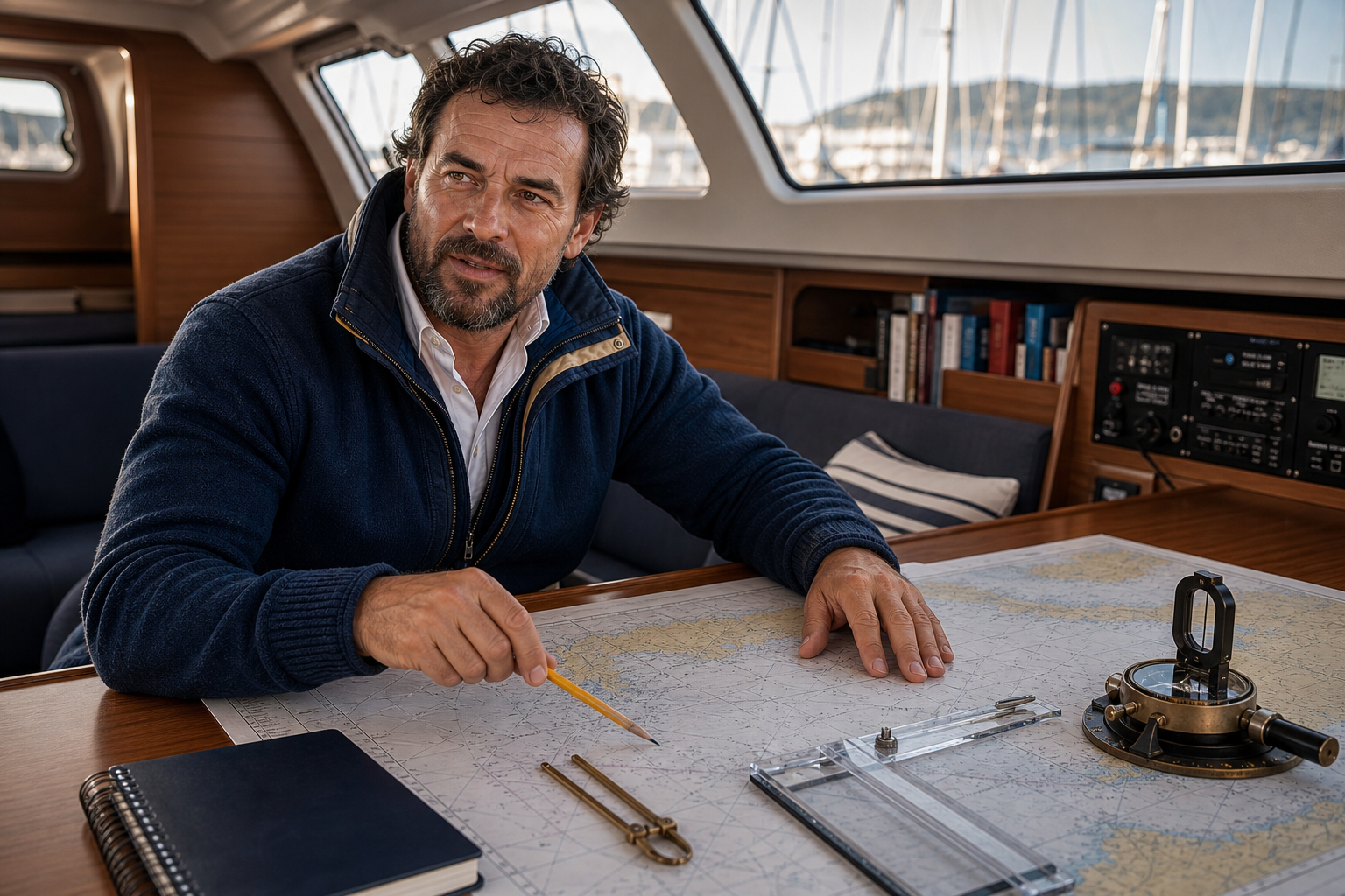 Skipper mentor working at a chart table in a yacht saloon