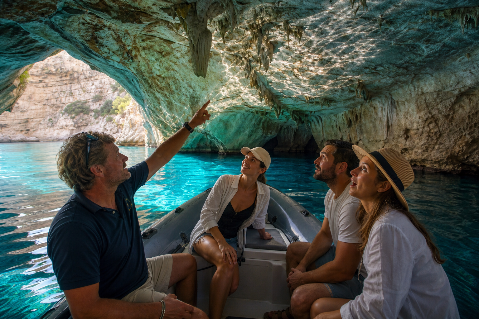 Skipper showing guests a sea grotto from a tender