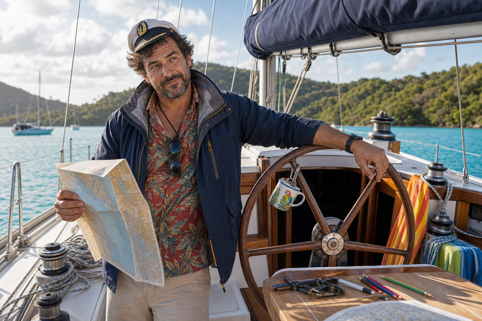 Playful hired skipper in a yacht cockpit