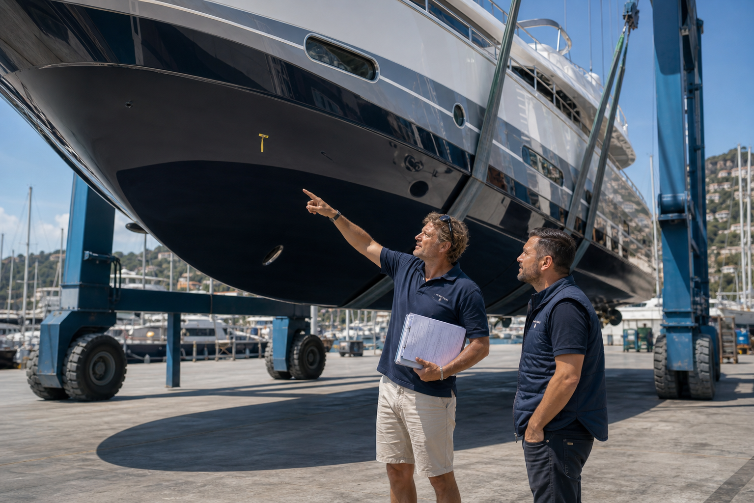 Skipper inspecting a motor yacht during handover in a shipyard