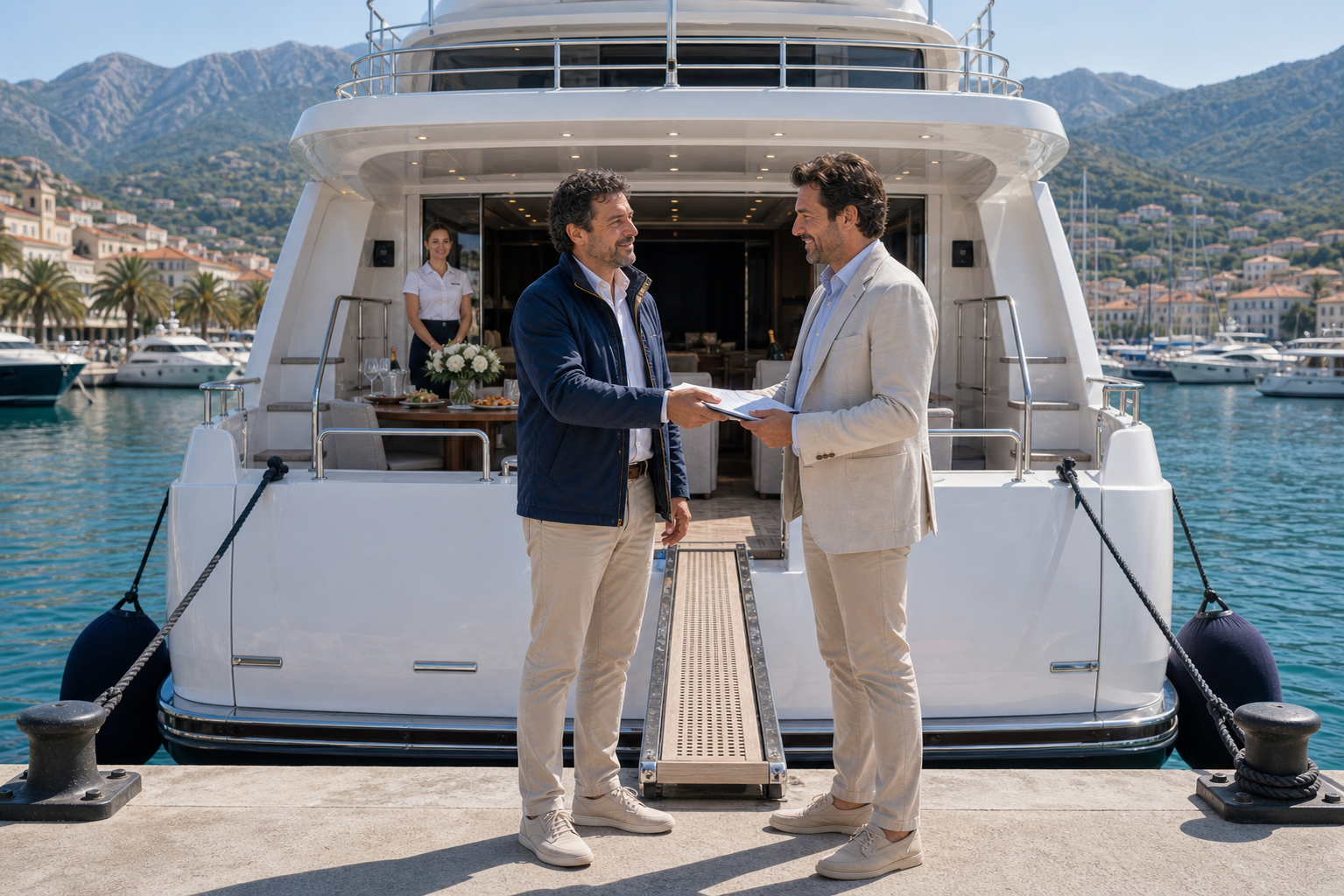 Skipper handing yacht registration documents to a satisfied owner by the yacht